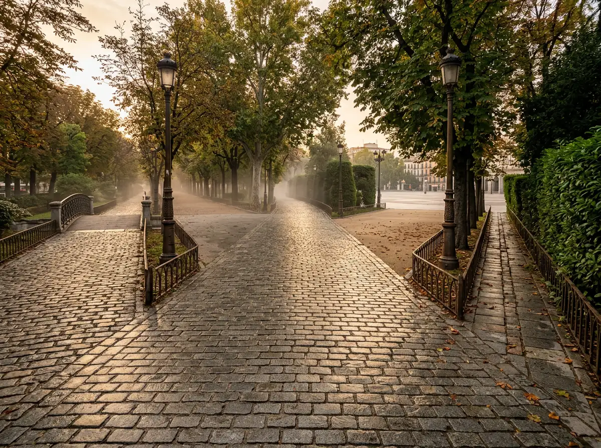 Cuatro caminos divergentes en un parque urbano de Madrid al amanecer simbolizando la elección entre métodos de pago