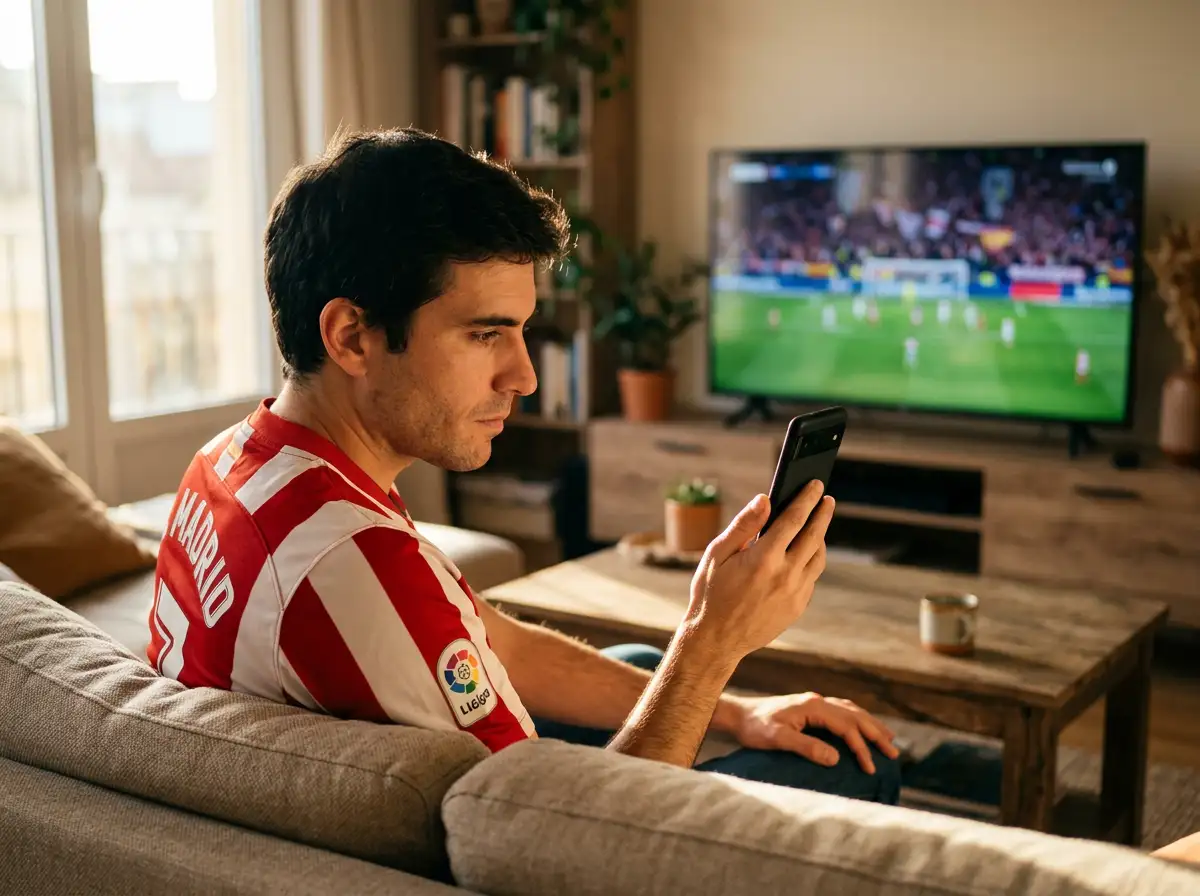 Aficionado al fútbol consultando el móvil en su salón durante un partido en directo en España