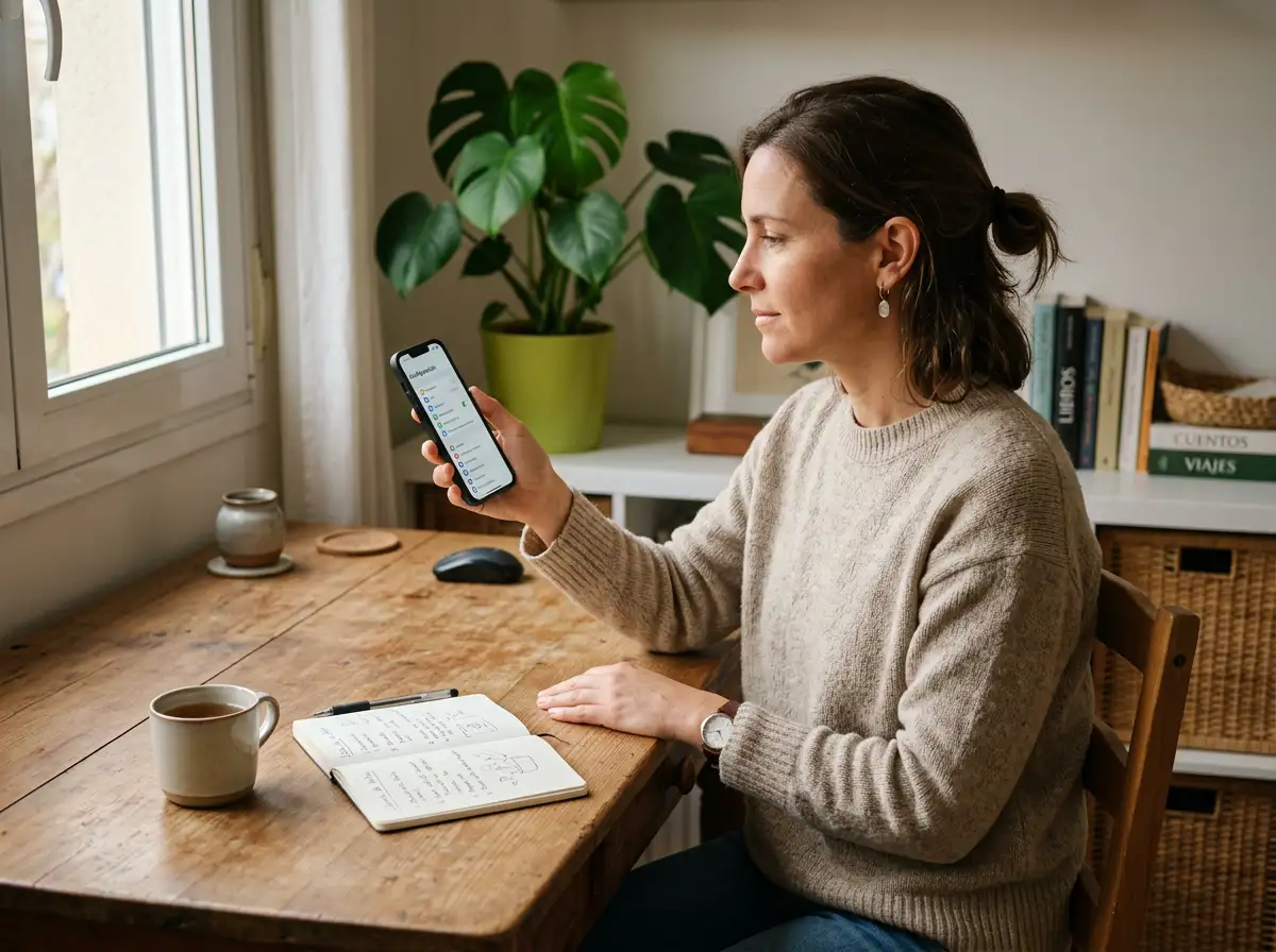 Persona revisando con tranquilidad sus movimientos bancarios y configurando autolímites antes de apostar