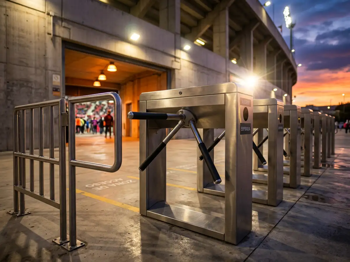 Torniquete de acceso de un estadio de fútbol español al atardecer simbolizando los límites de entrada