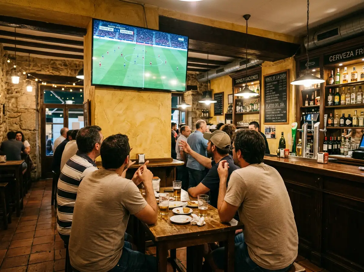 Aficionados al fútbol siguiendo un partido en un bar español, contexto del mercado de apuestas deportivas regulado